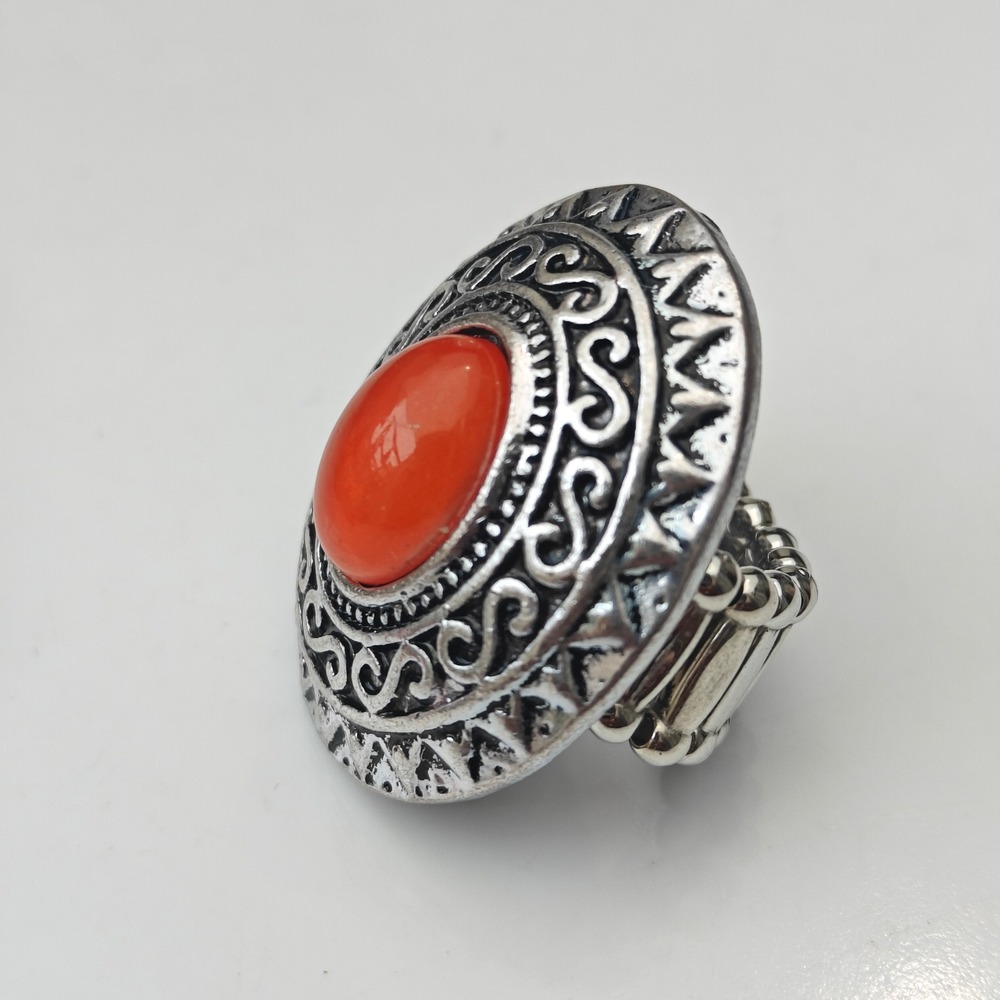 Paparazzi Red Orange Stone Silver Tone Ring Large Oval Stretch Statement